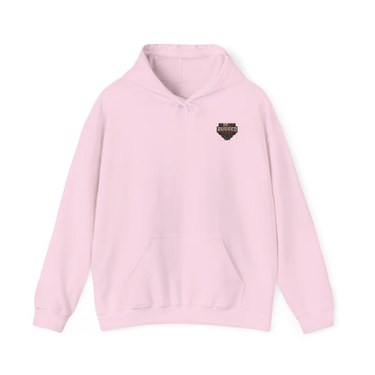 Minimal Heart Patch Hoodie — Small Vintage Shield Chest Graphic