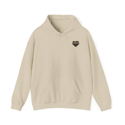 Minimal Heart Patch Hoodie — Small Vintage Shield Chest Graphic