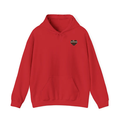 Minimal Heart Patch Hoodie — Small Vintage Shield Chest Graphic